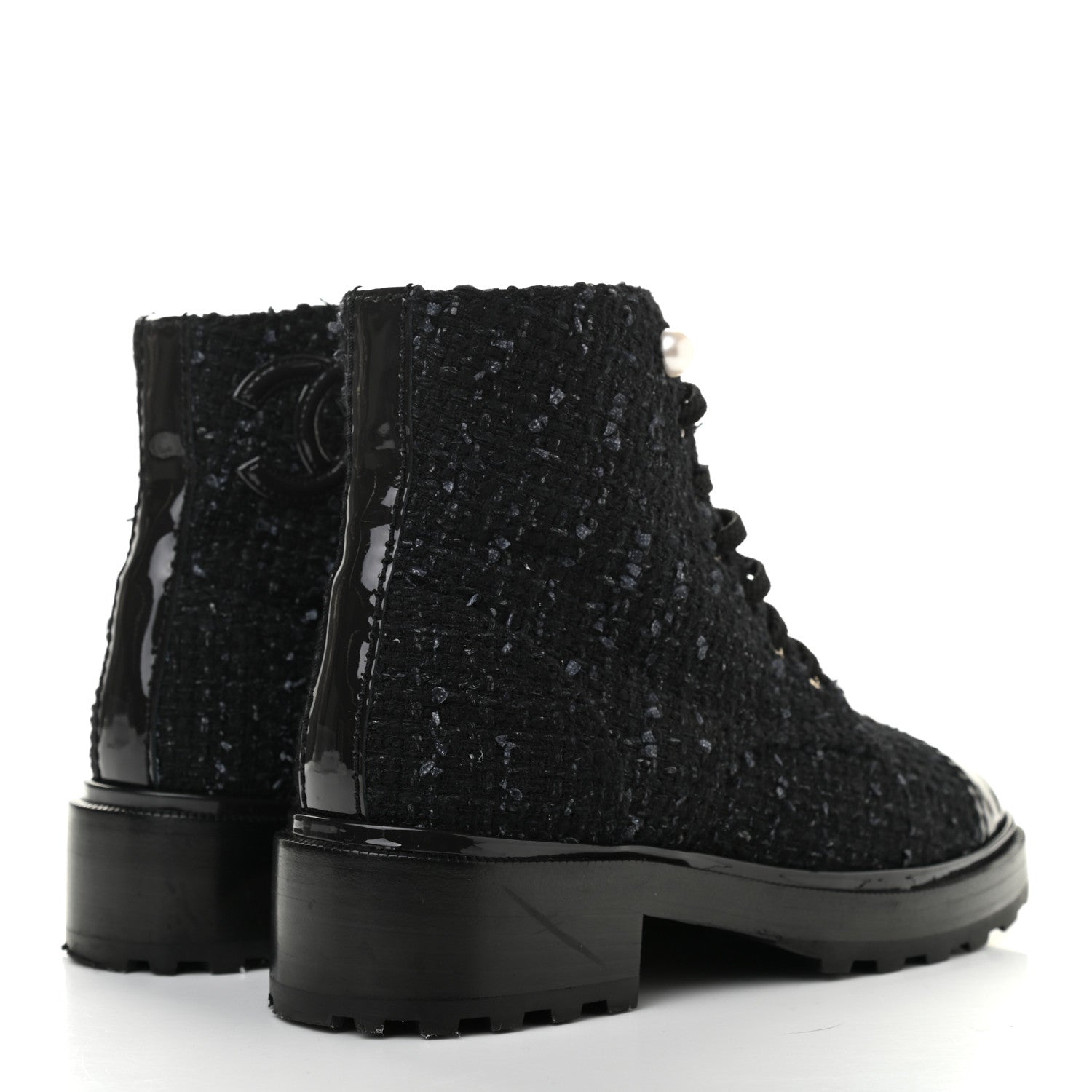 Chanel Tweed Patent Calfskin Pearl Combat Short Boots 36.5 Black Grey 4 of 10