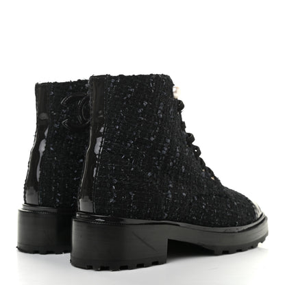 Chanel Tweed Patent Calfskin Pearl Combat Short Boots 36.5 Black Grey 4 of 10