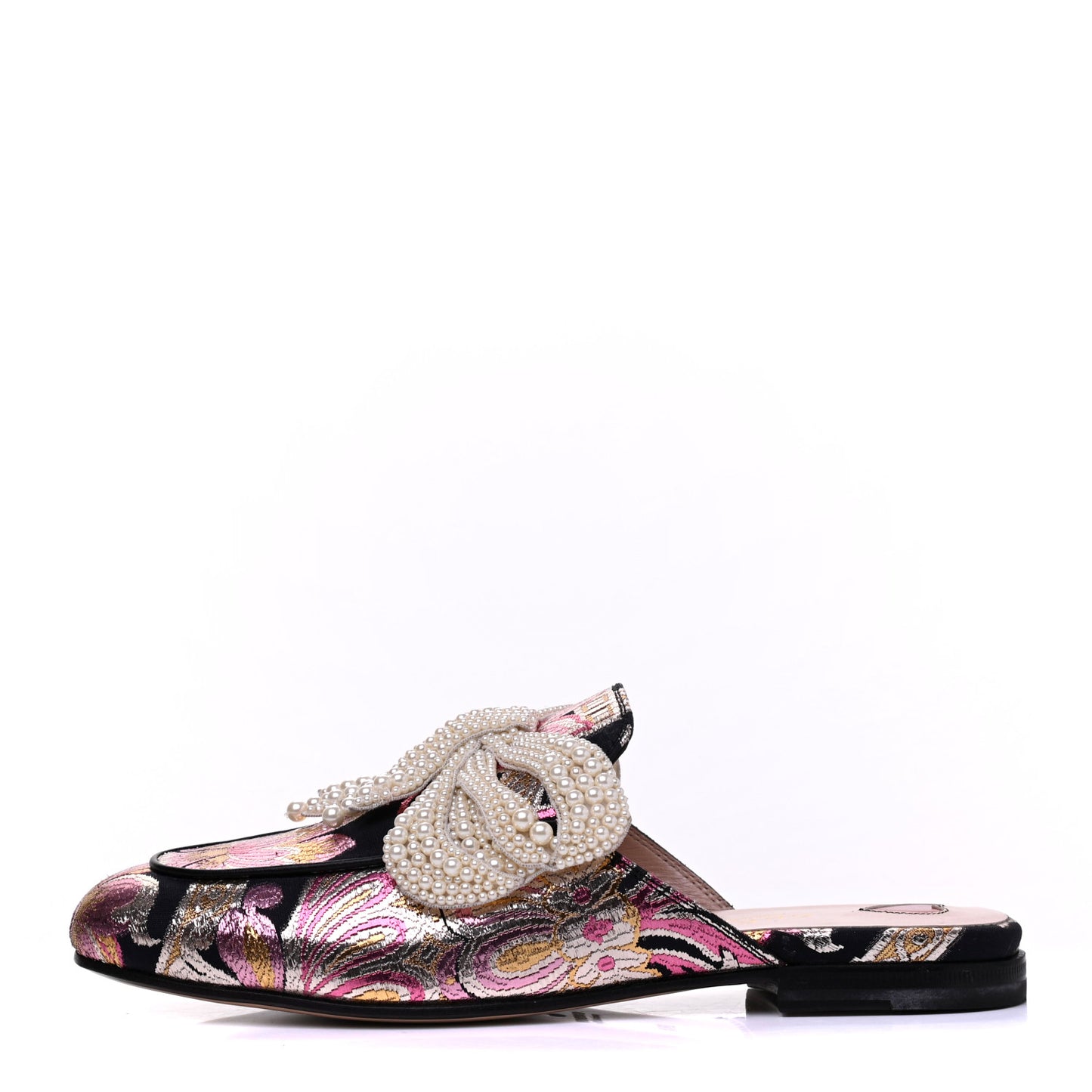 Iridescent Brocade Pearl Bow Womens Princetown Slippers 36.5 Black Pink