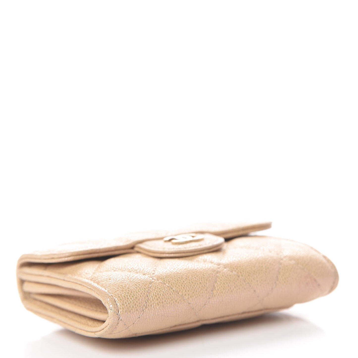 Iridescent Caviar Quilted Flap Card Holder Wallet Beige