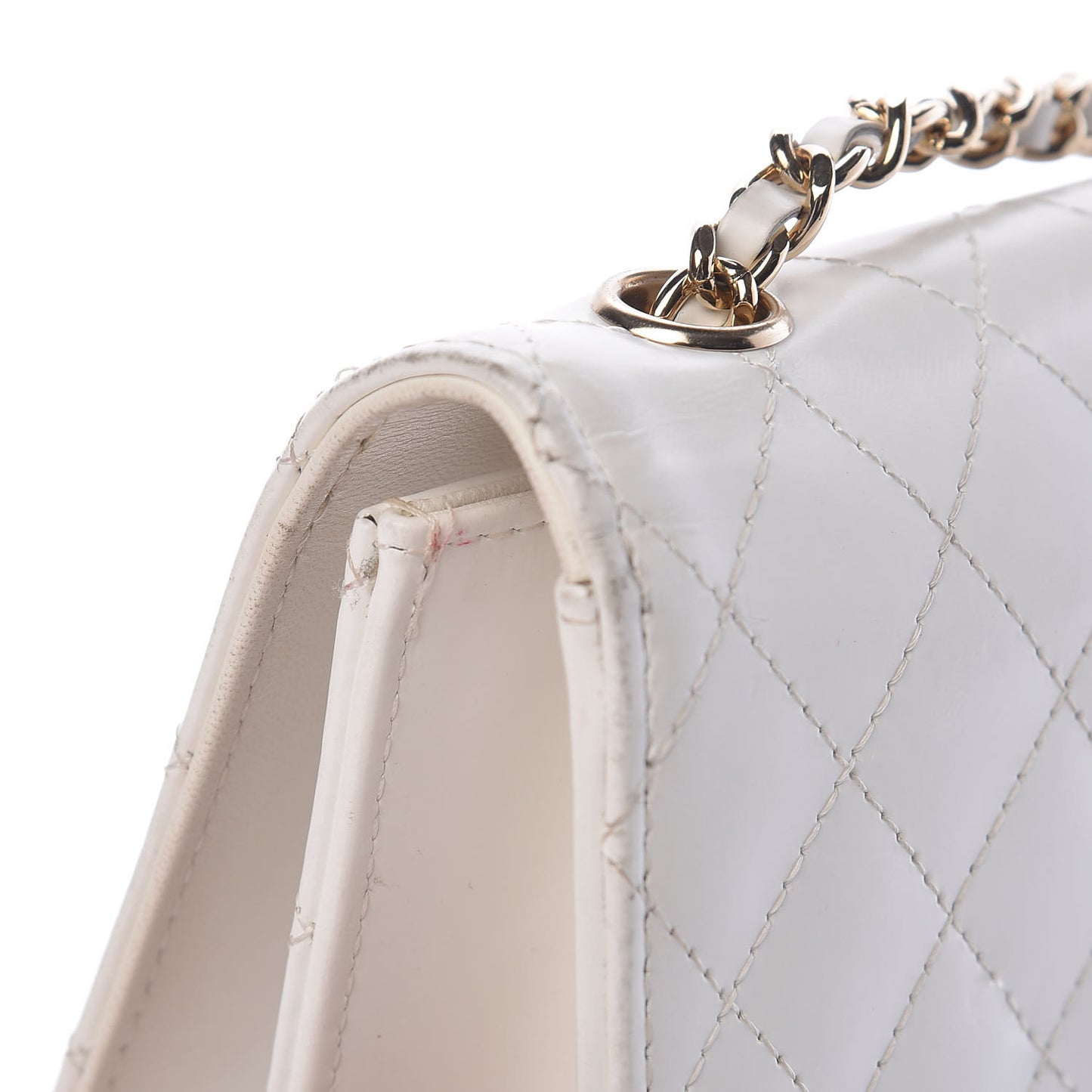 Glazed Calfskin Stitched Mini Square Flap White