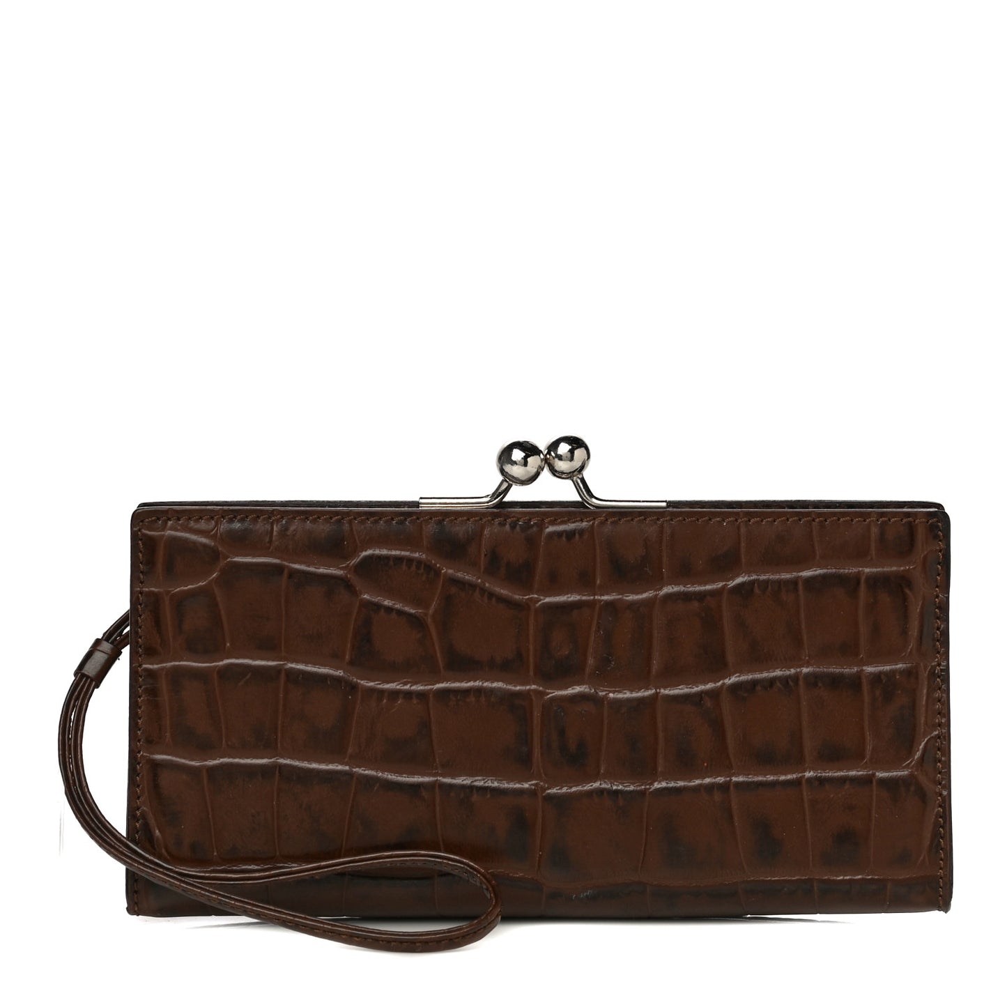 Crocodile Embossed Calfskin Wristlet Clutch Brown