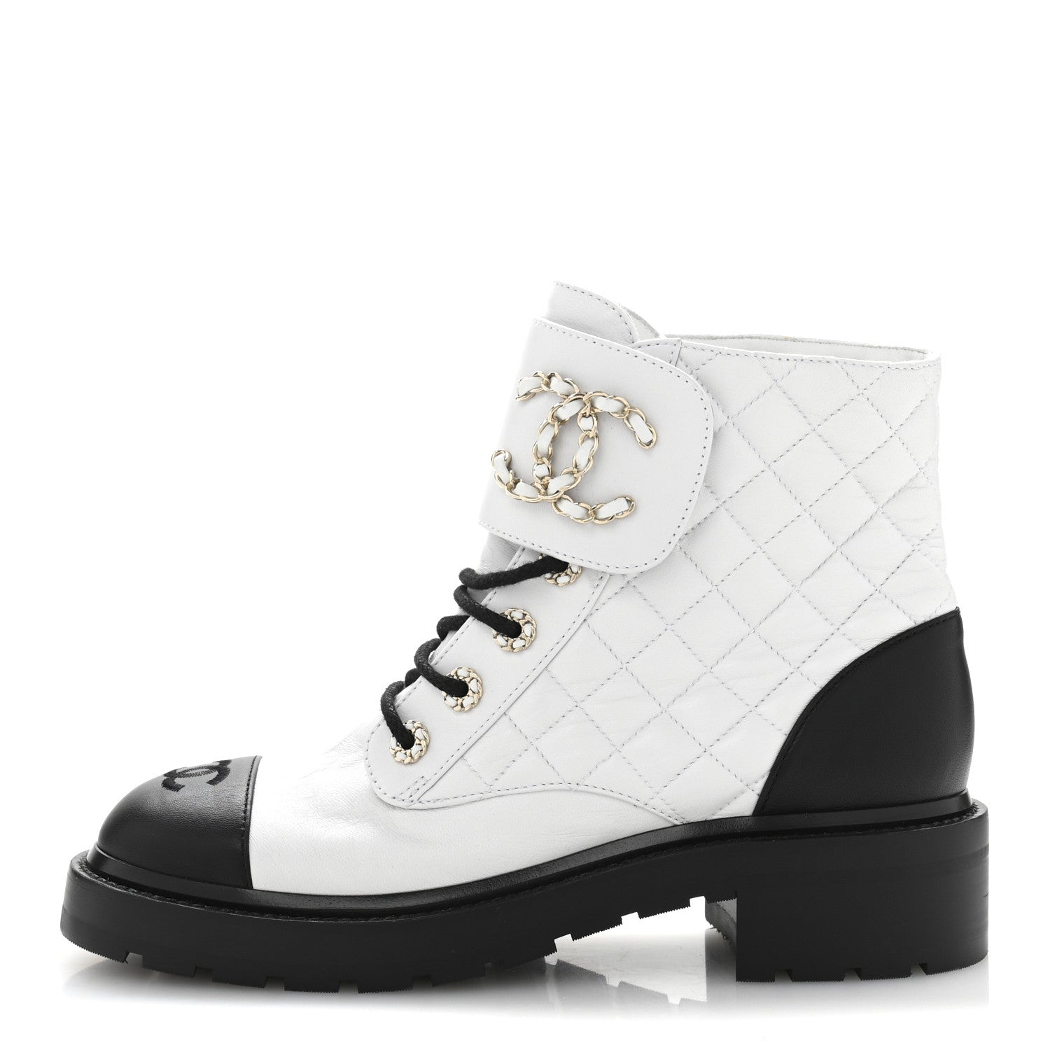Chanel Shiny Goatskin Calfskin Quilted Lace Up Combat Boots 39 White Black 1 of 8