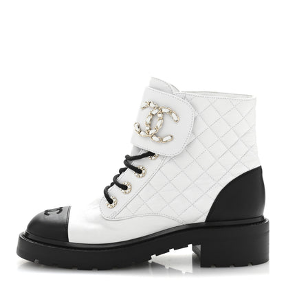 Chanel Shiny Goatskin Calfskin Quilted Lace Up Combat Boots 39 White Black 1 of 8