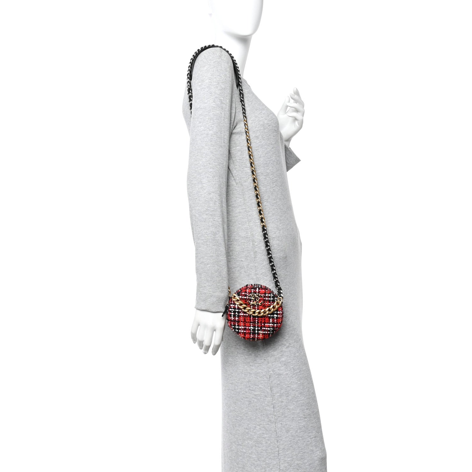 Chanel Tweed Quilted Chanel 19 Round Clutch With Chain  Red Black White Green 2 of 11