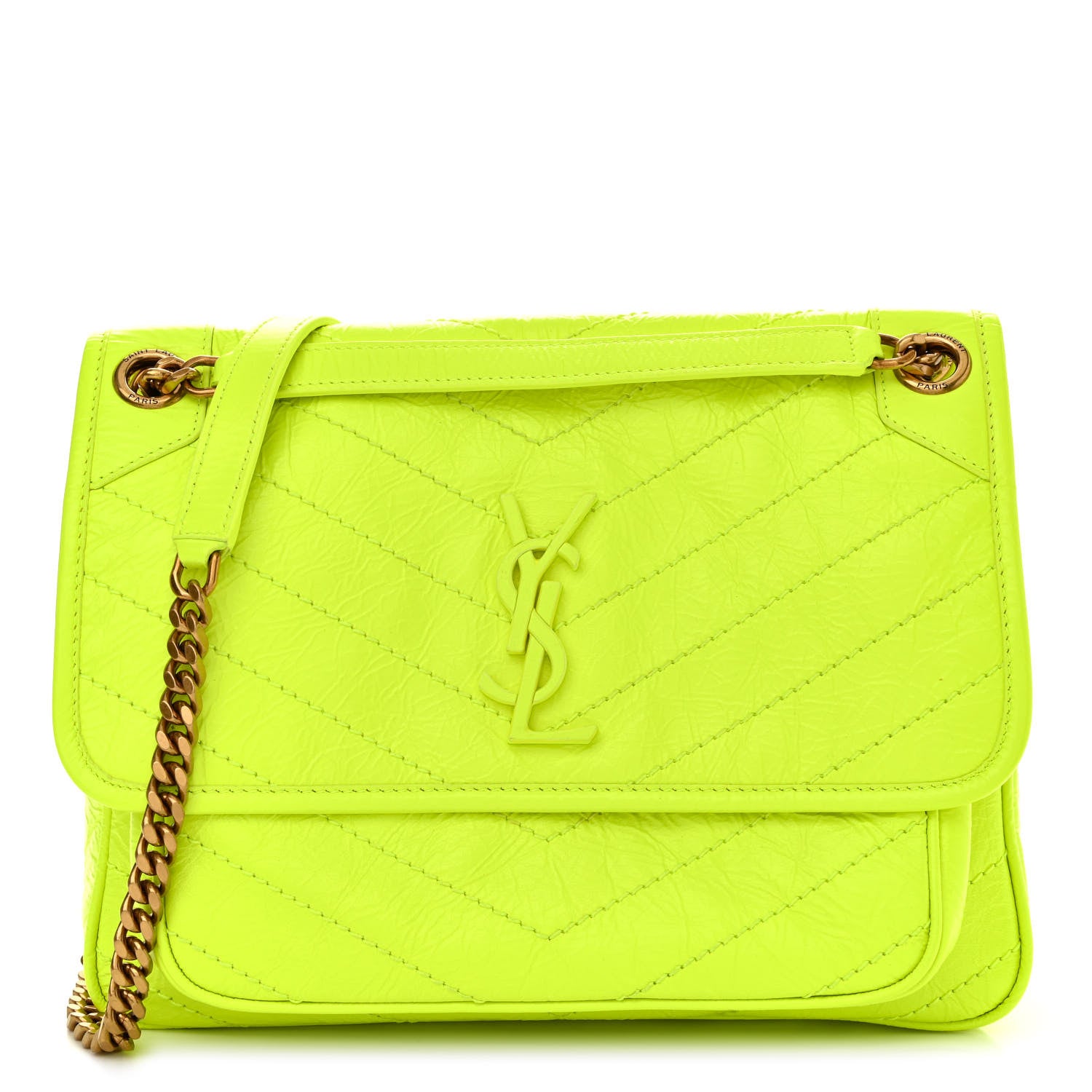 Saint Laurent Crinkled Calfskin Matelasse Monogram Medium Niki Chain Satchel Neon Yellow 1 of 13