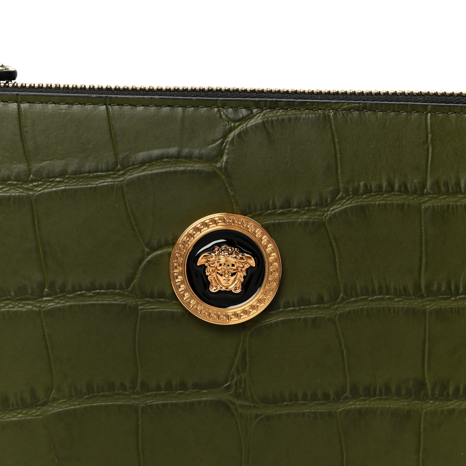 Versace Calfskin Crocodile Embossed La Medusa Pouch Dark Olive