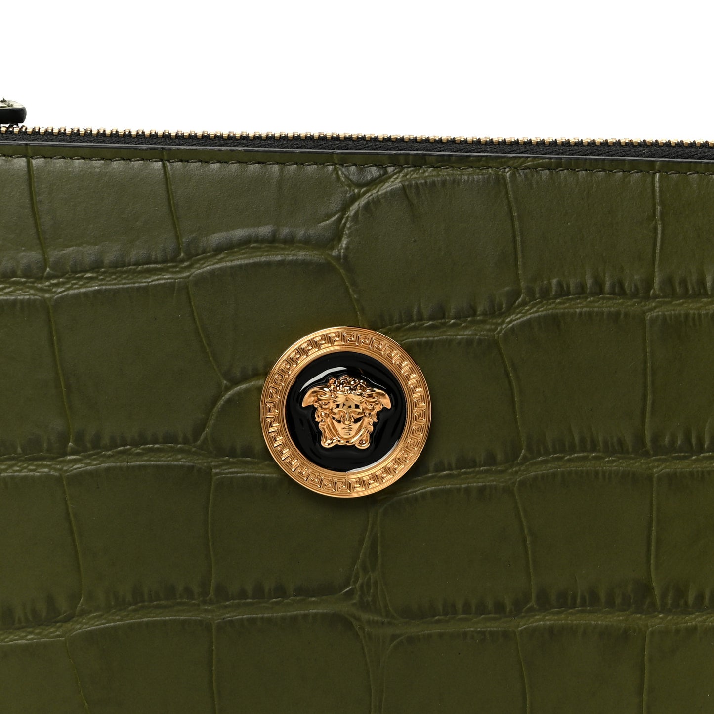 Calfskin Crocodile Embossed La Medusa Pouch Dark Olive