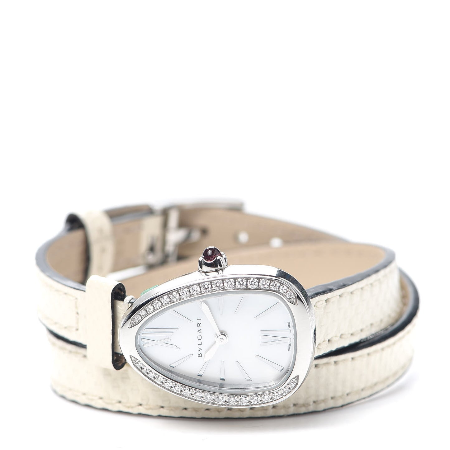 Stainless Steel Lizard Diamond Bezel Mother of Pearl 27mm Serpenti Double Wrap Quartz Watch