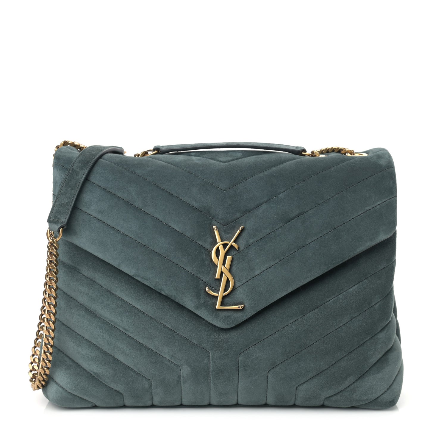Suede Y Quilted Monogram Medium Loulou Chain Satchel Deep Green