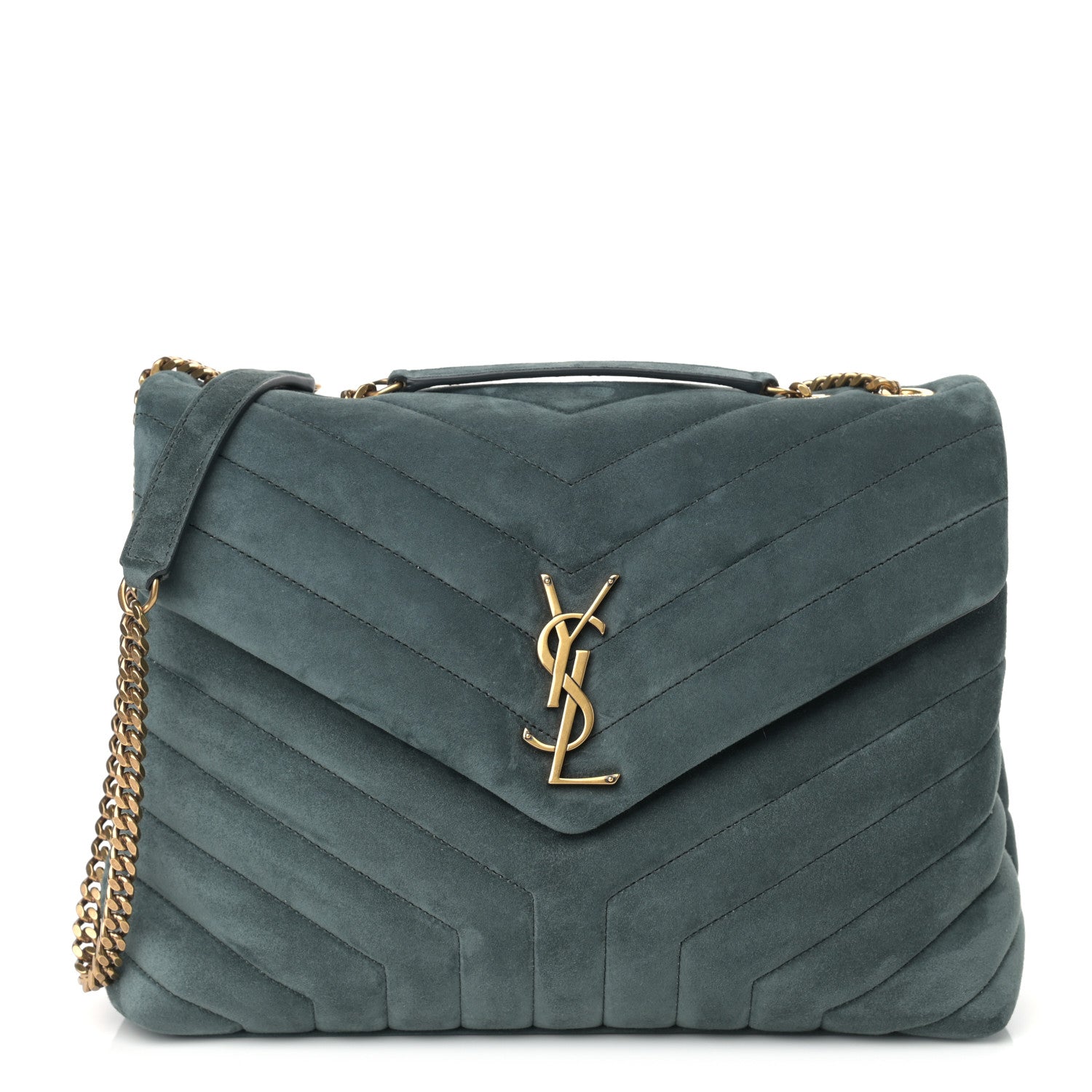 Saint Laurent Suede Y Quilted Monogram Medium Loulou Chain Satchel Deep Green 1 of 10