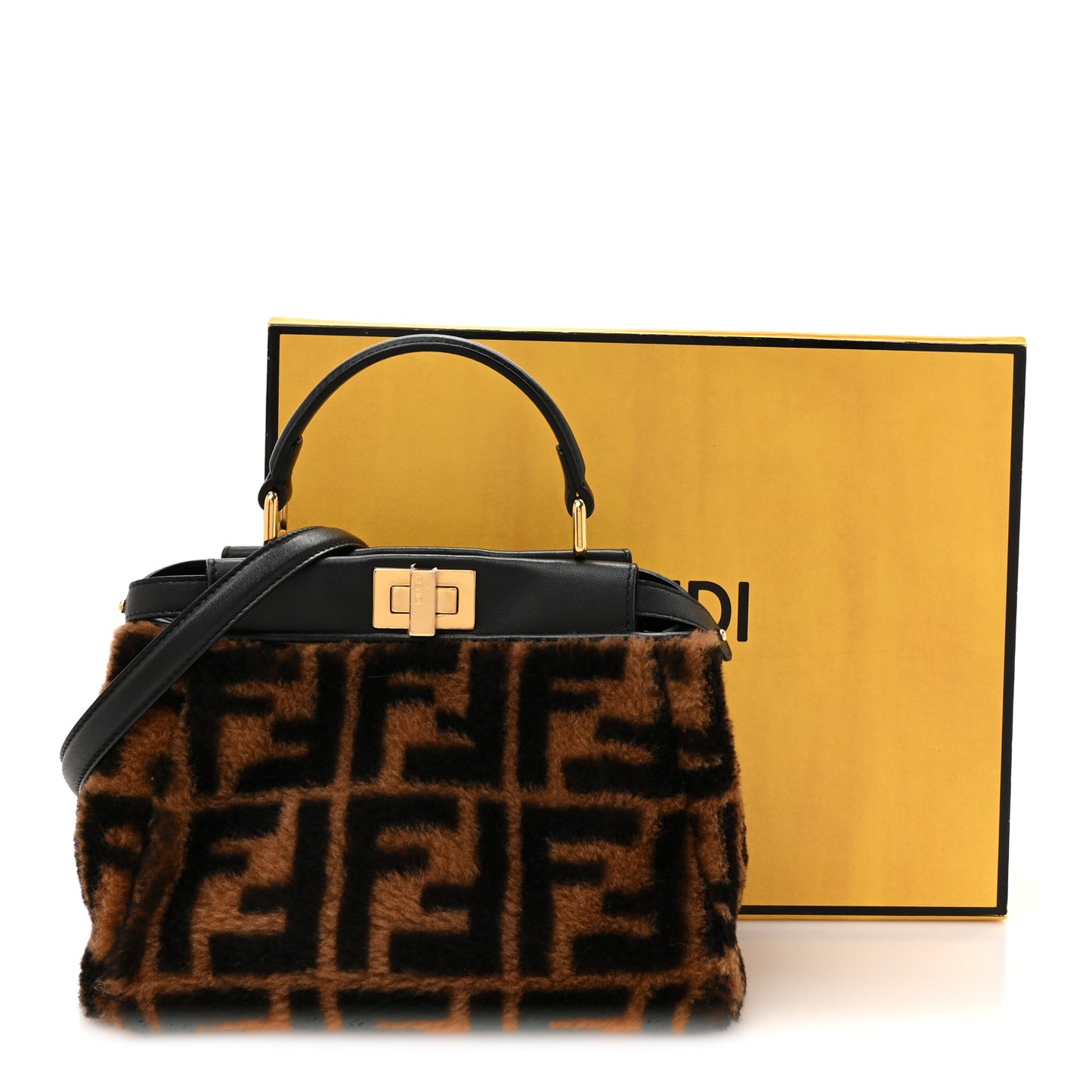 Shearling Nappa Macro FF 1974 Mini Peekaboo Iconic Satchel Tobacco Black