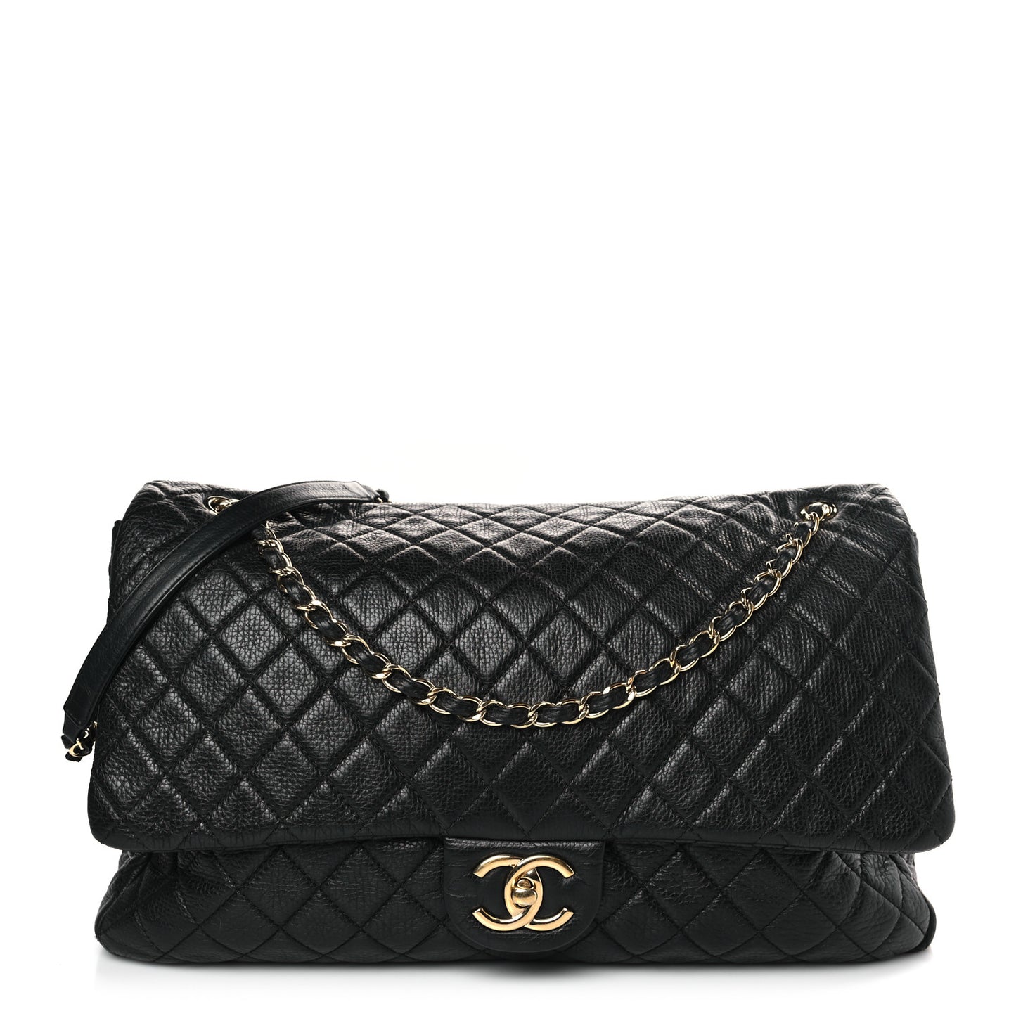 Calfskin Quilted XXL Travel Flap Bag Black