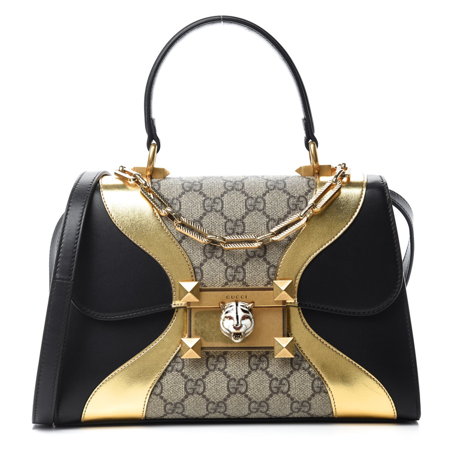 Gucci GG Supreme Monogram Small Osiride Top Handle Bag Black Gold 1 of 11