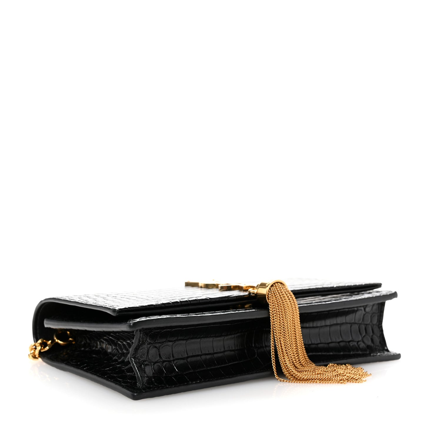 Calfskin Crocodile Embossed Kate Monogram Tassel Chain Wallet Black