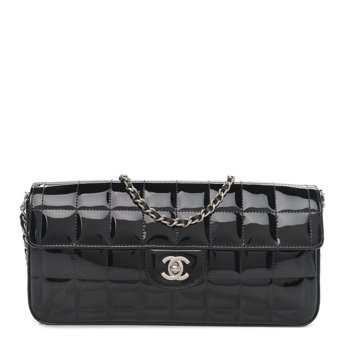 Patent Quilted East West Chocolate Bar Flap Black