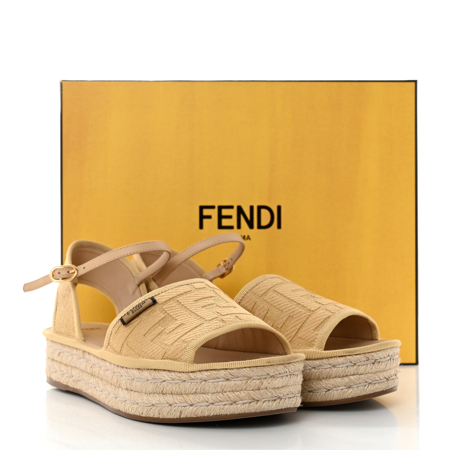 Raffia FF Embroidered Espadrille Platform Sandals 37 Natural