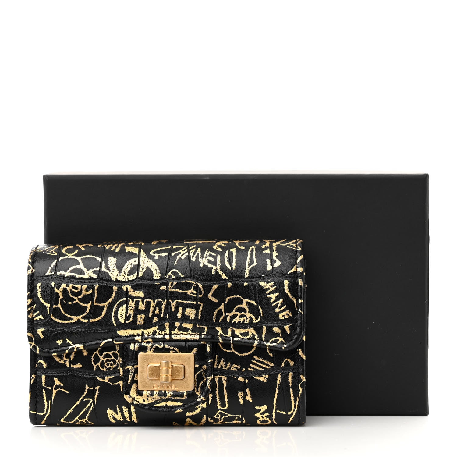Chanel Calfskin Crocodile Embossed Graffiti 2.55 Cocodile Reissue Flap Card Holder Black Gold 9 of 9