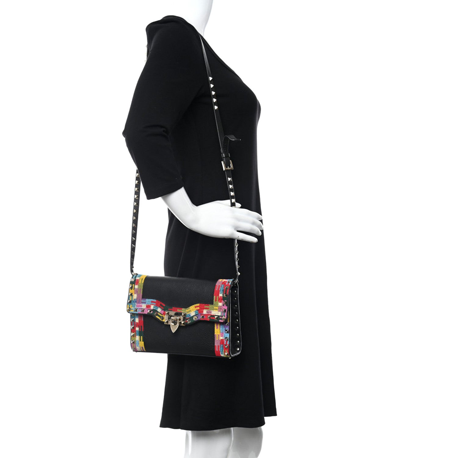 Valentino Garavani Pebbled Calfskin Embroidered Medium Rockstud Flip Lock Crossbody Bag Black 2 of 10