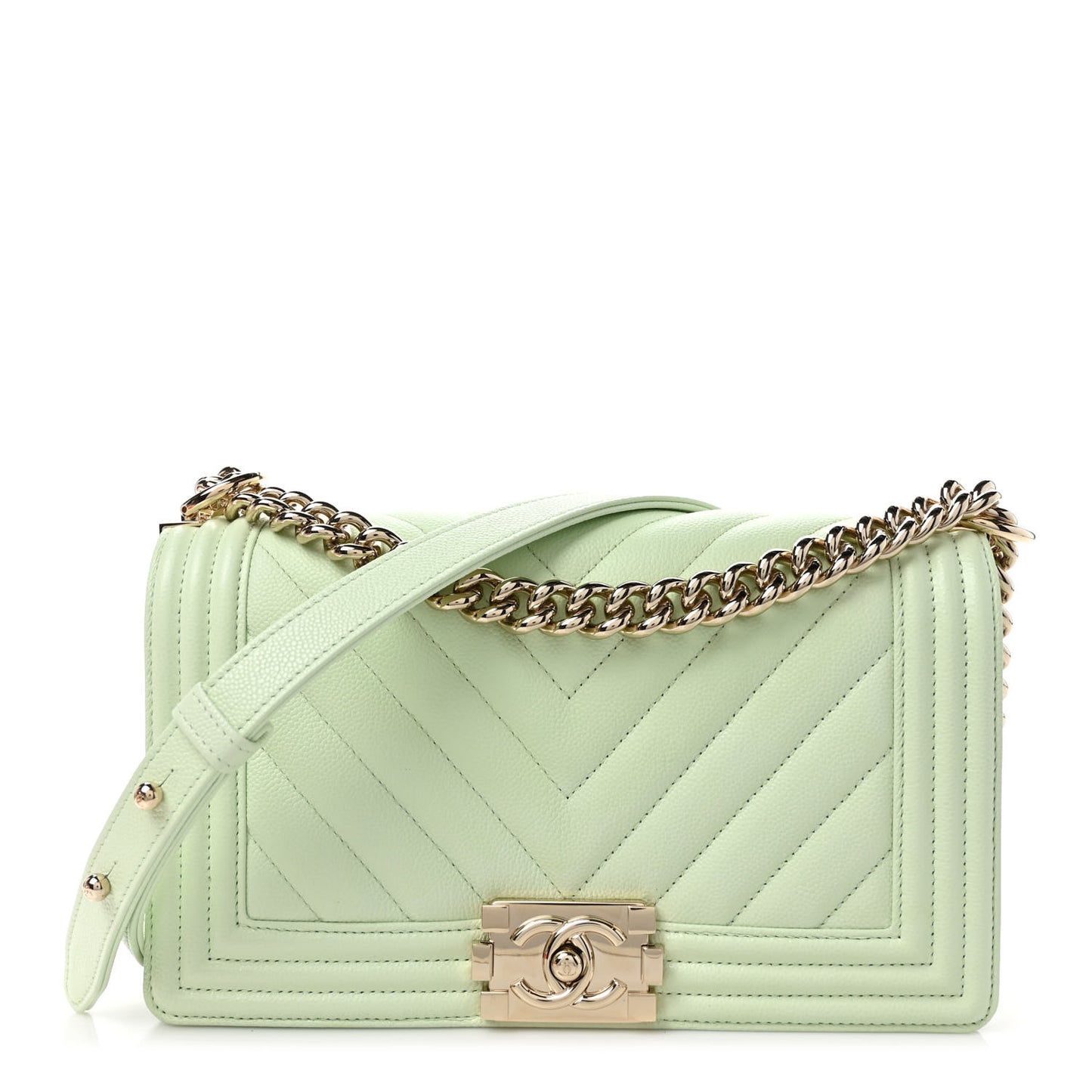 Caviar Chevron Quilted Medium Boy Flap Light Green