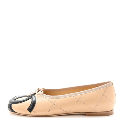 Chanel Lambskin Quilted CC Cambon Ballet Flats 37 Beige Black 1 of 10