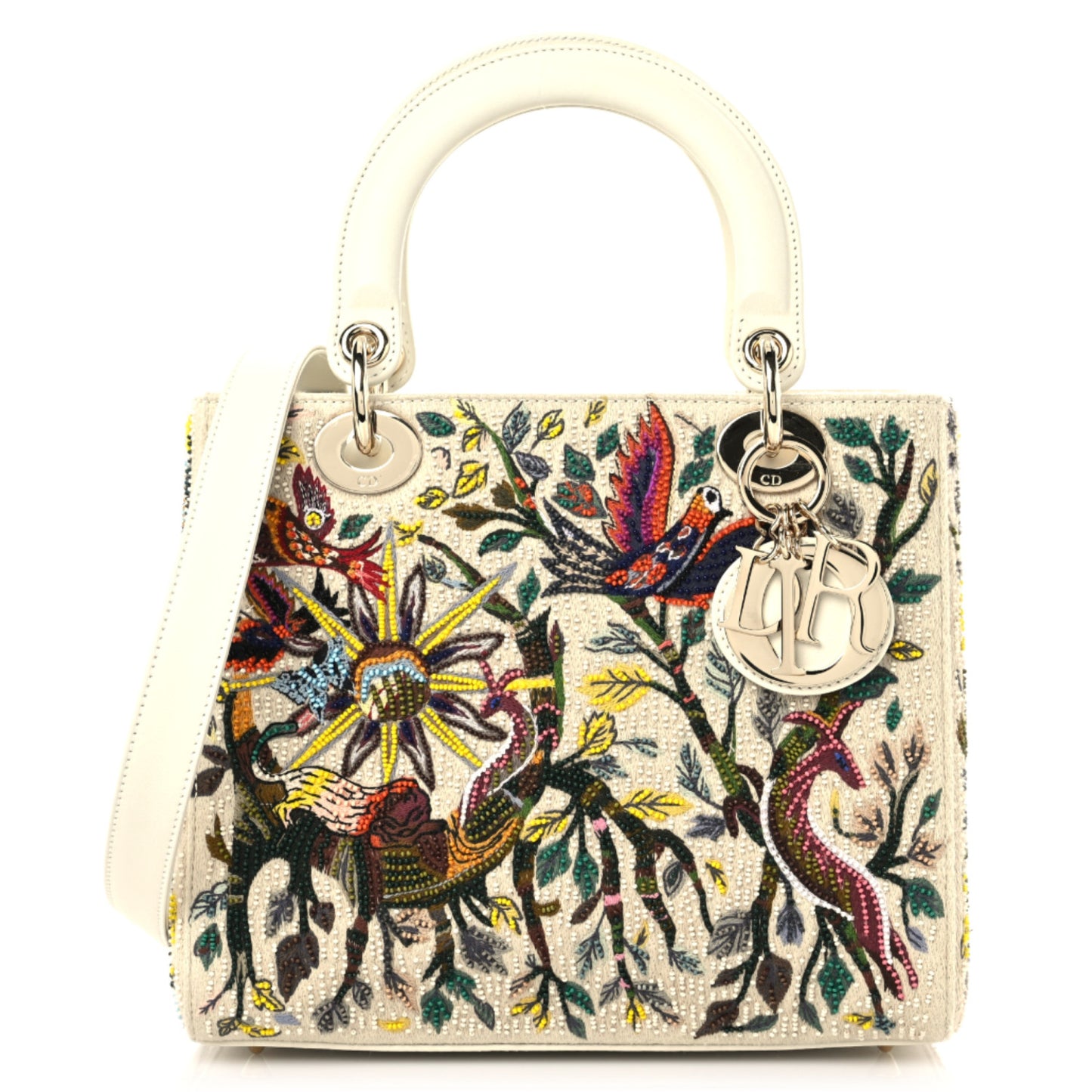 Calfskin Embroidered Medium Lady Dior White Multicolor