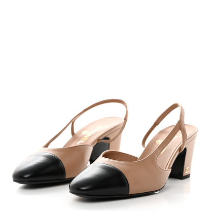 Chanel Goatskin Grosgrain Cap Toe CC Slingback Pumps 39 Dark Beige Black 3 of 9