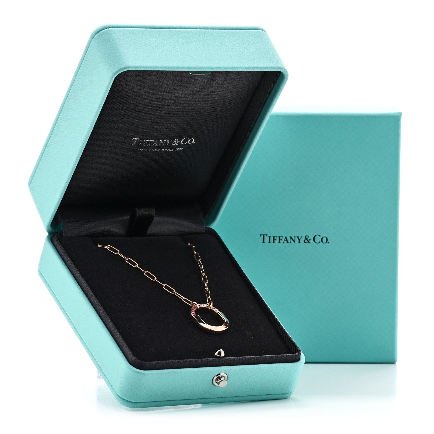 Tiffany 18K Rose Gold Pink Sapphire Small Lock Pendant Necklace 6 of 6
