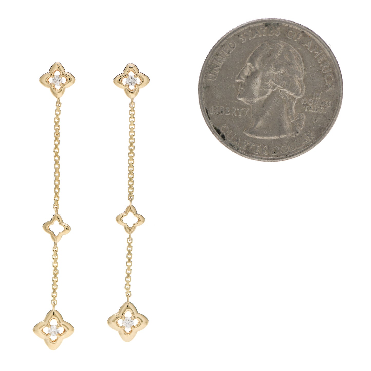 18K Yellow Gold Diamond Quatrefoil Three Station Drop Earrings