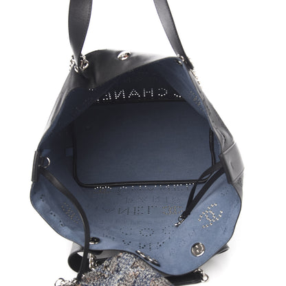 Chanel Calfskin Tweed Small Logo Eyelets Shopping Tote Black 5 of 10