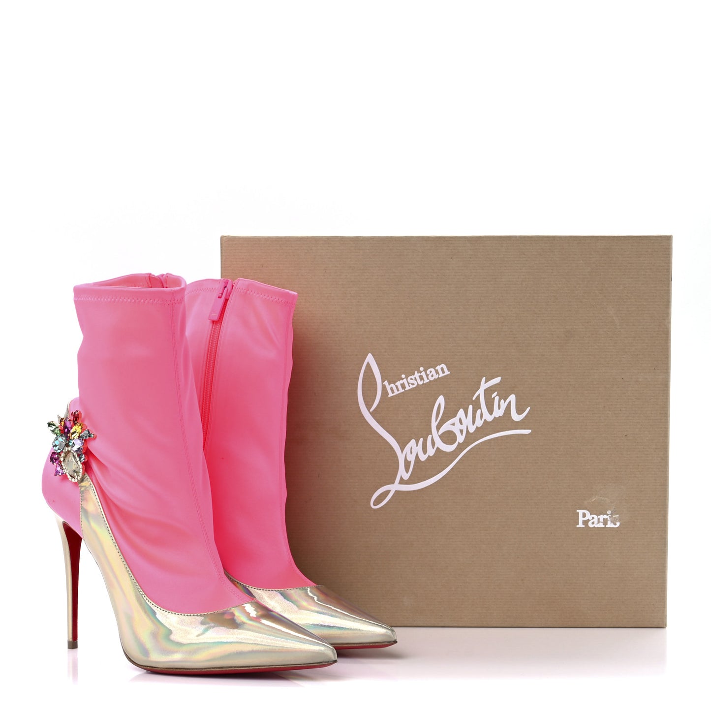 Iridescent Patent Crystal Jessie Joli Ankle Boot 38 Rose Fluorescent