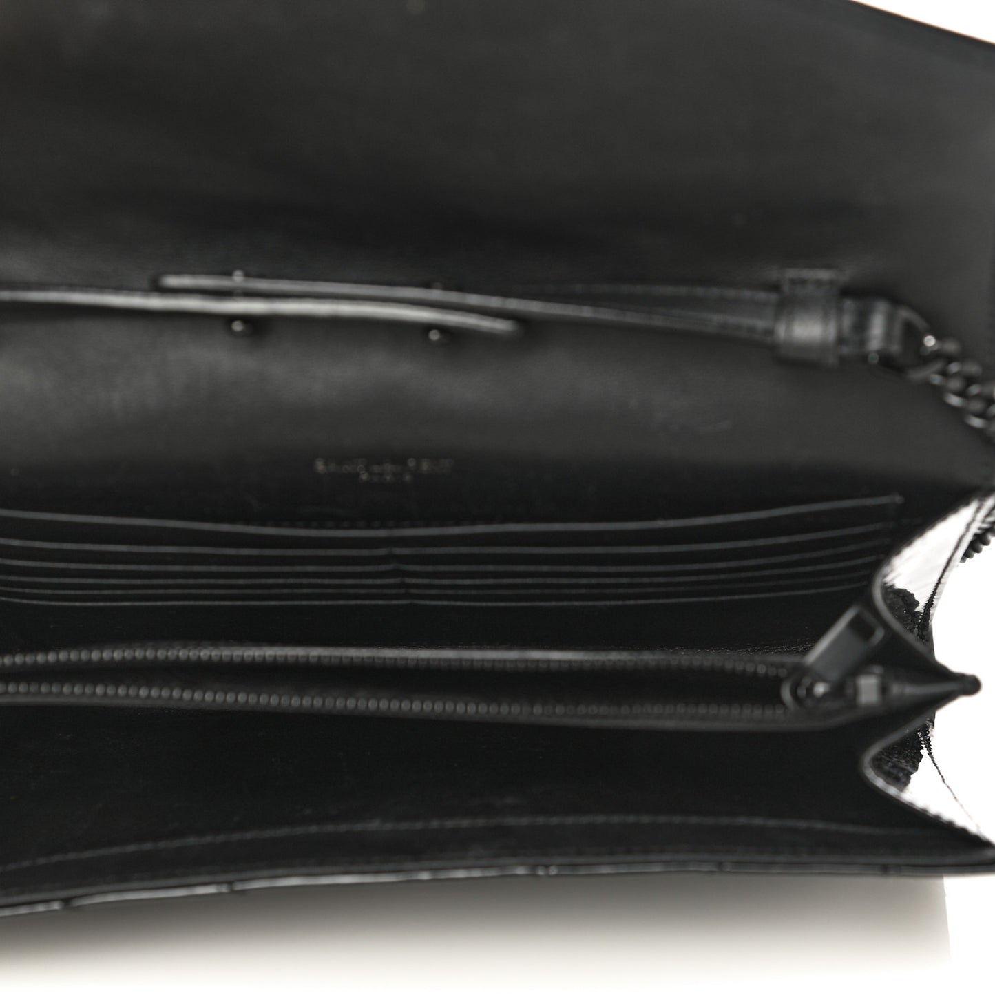 Patent Matelasse Chevron Monogram Chain Wallet Black