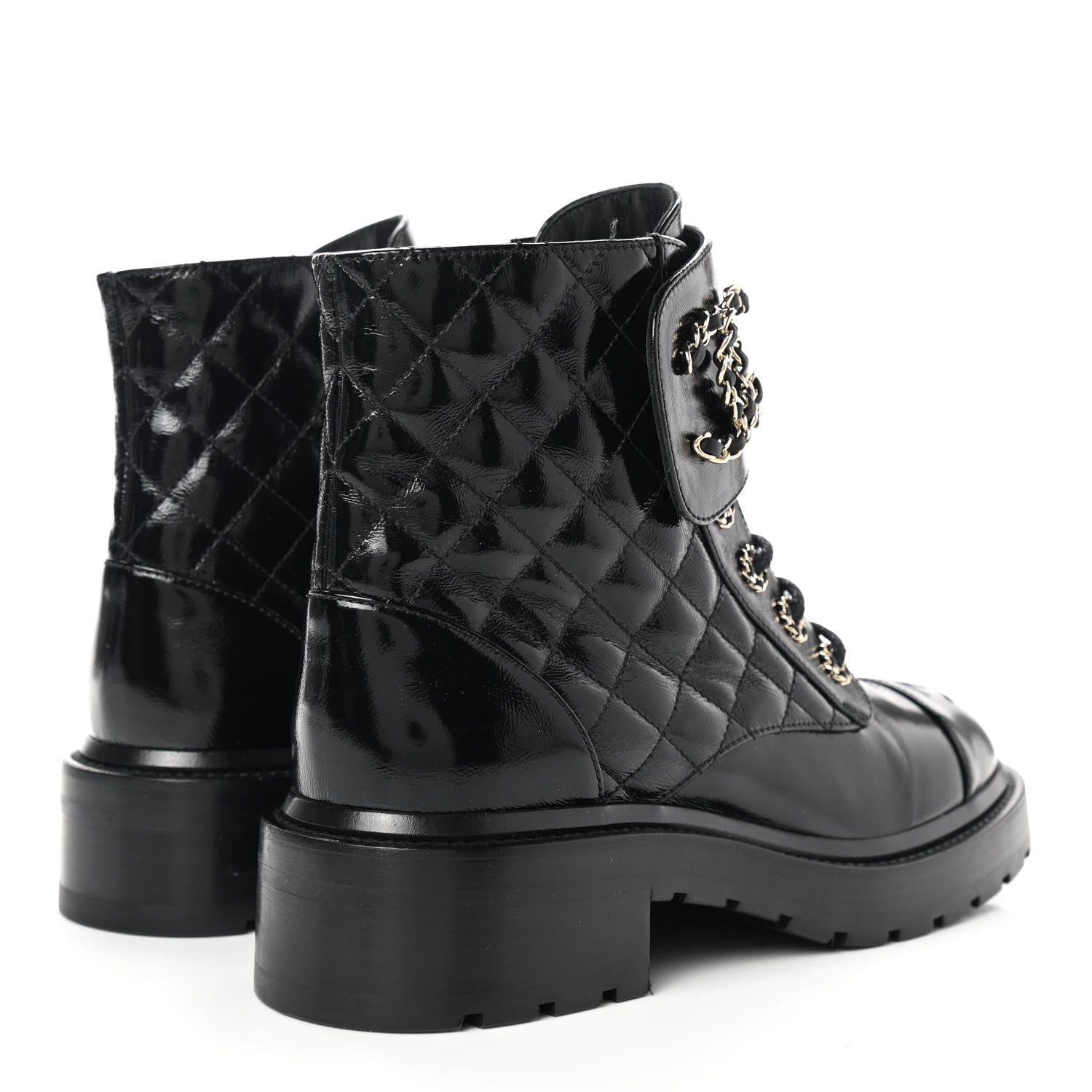 Chanel Shiny Calfskin Quilted Lace Up Combat Boots 37.5 Black 4 of 9