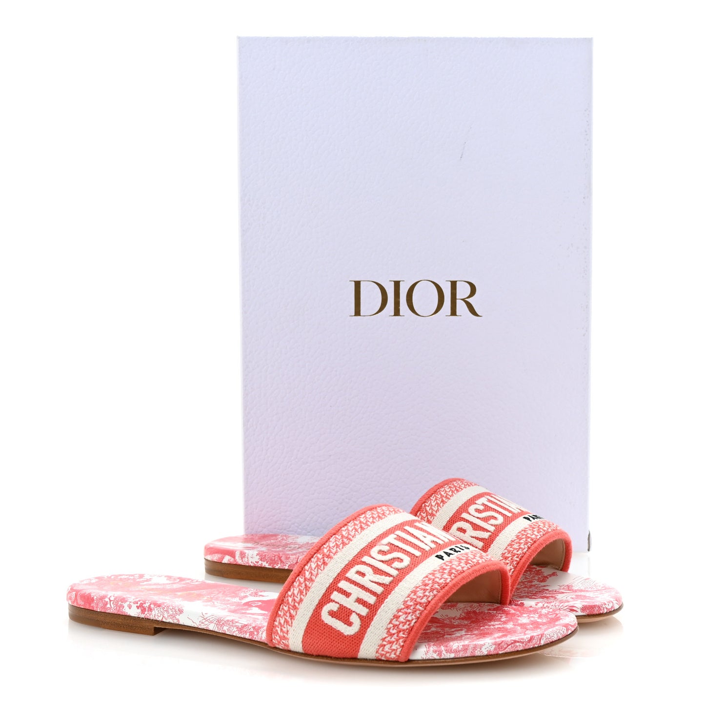Canvas Toile De Jouy Embroidered Dway Flat Slide Sandals 38.5 Coral