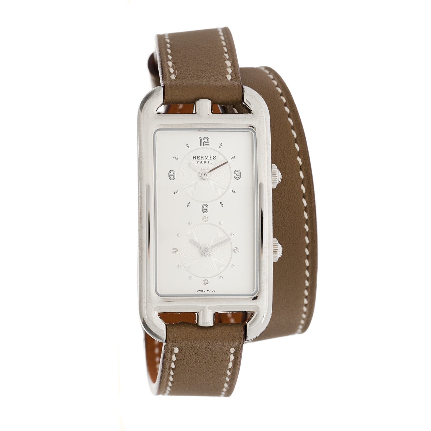 Hermes Stainless Steel Swift 20mm Cape Cod Double Tour Deux Zones Quartz Watch Etoupe 1 of 5