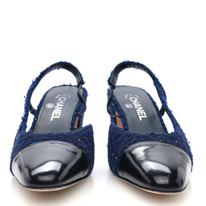 Chanel Tweed Patent Cap Toe CC Slingback Pumps 39.5 Blue Black 5 of 18