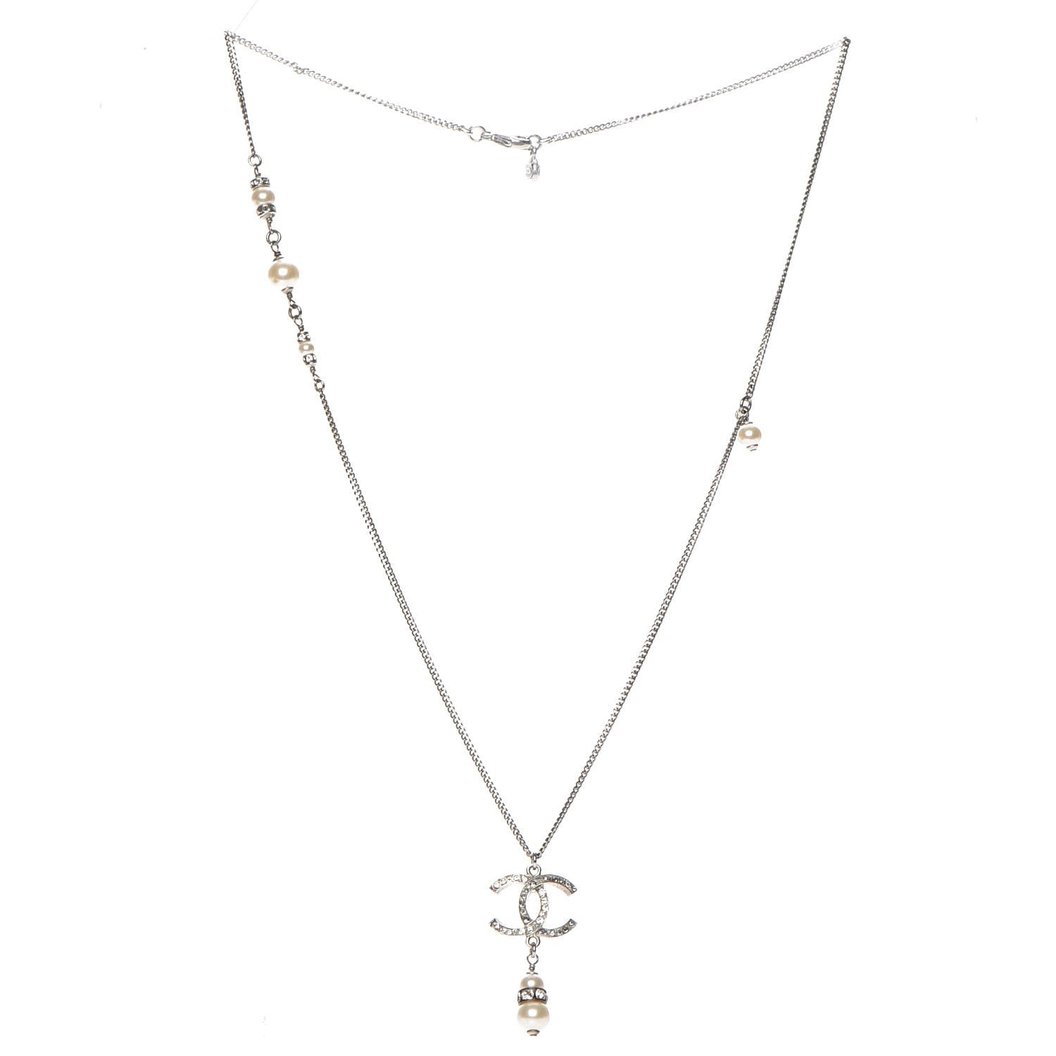 Chanel Pearl Crystal CC Necklace Silver 3 of 9
