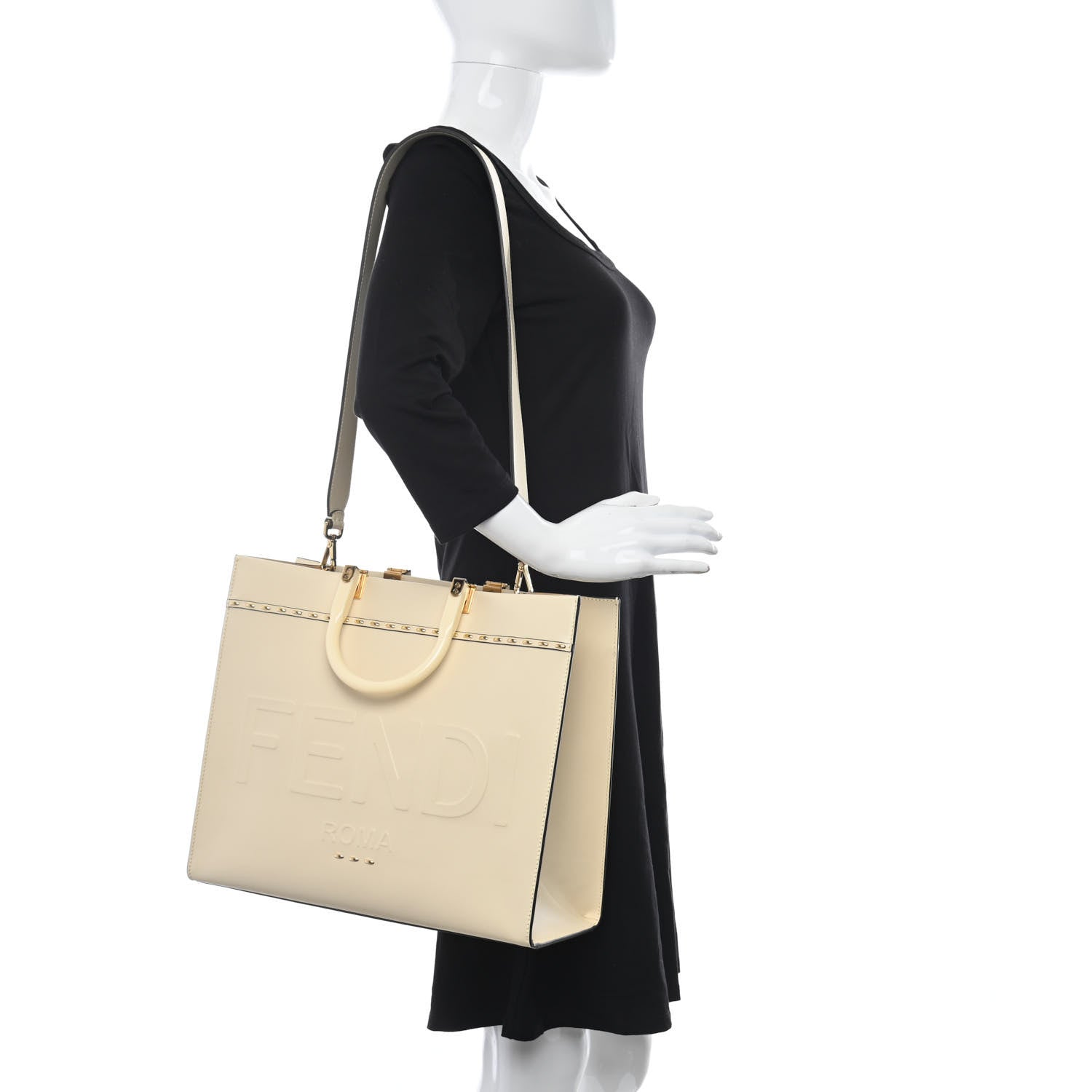 Fendi Vitello King Plexiglass Metal Stitch Logo Embossed Medium Fendi Sunshine Shopper Tote Pergamena 2 of 11