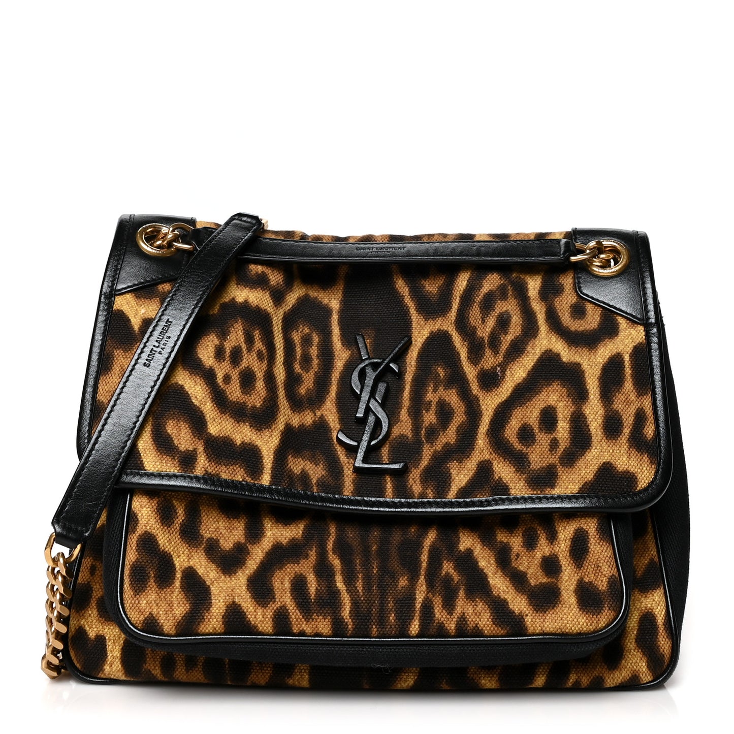 Smooth Calfskin Canvas Leopard Print Medium Niki Chain Satchel Light Natural