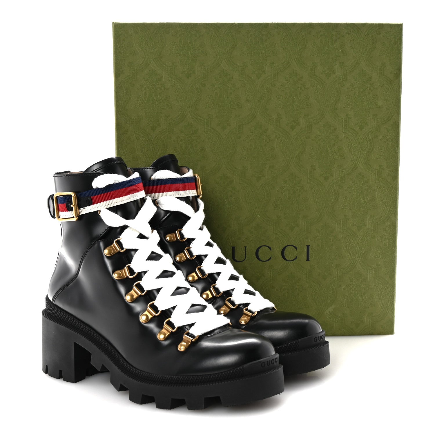 Gucci Calfskin Sylvie Web Womens Lace Up Combat Boots 39.5 Black 10 of 10