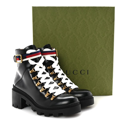 Gucci Calfskin Sylvie Web Womens Lace Up Combat Boots 39.5 Black 10 of 10