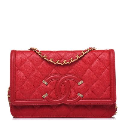 Chanel Caviar Quilted CC Filigree Wallet On Chain WOC Red 1 of 12