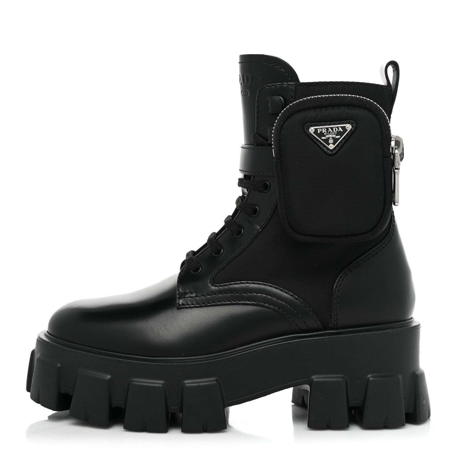 Prada Spazzolato Rois Nylon Metal Triangle Logo Monolith Pouch Pocket 55mm Boots 36 Black 1 of 9
