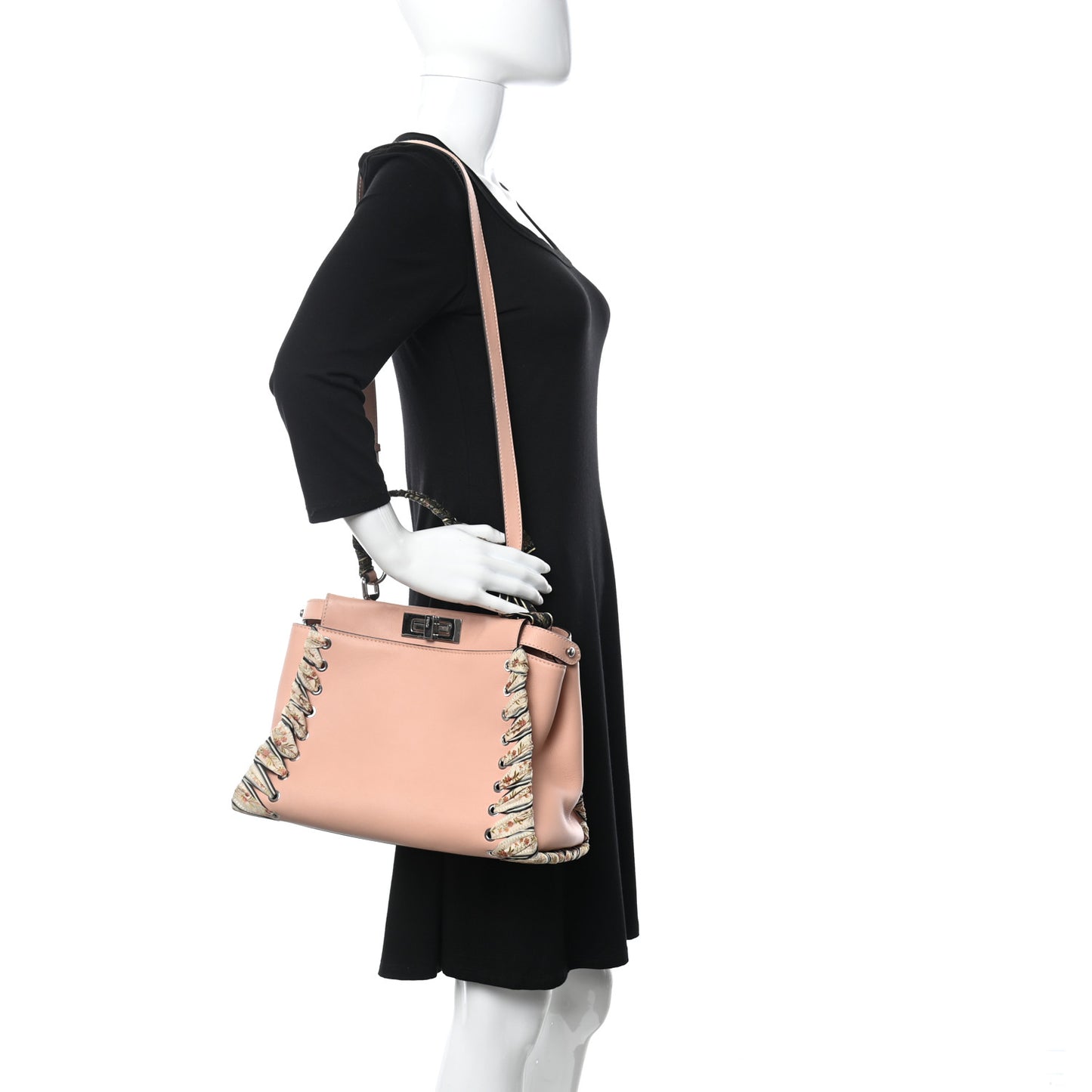 Vitello Seta Shiny Nappa Ribbon Lace Up Floral Medium Peekaboo Iconic Satchel Baby Pink Multicolor