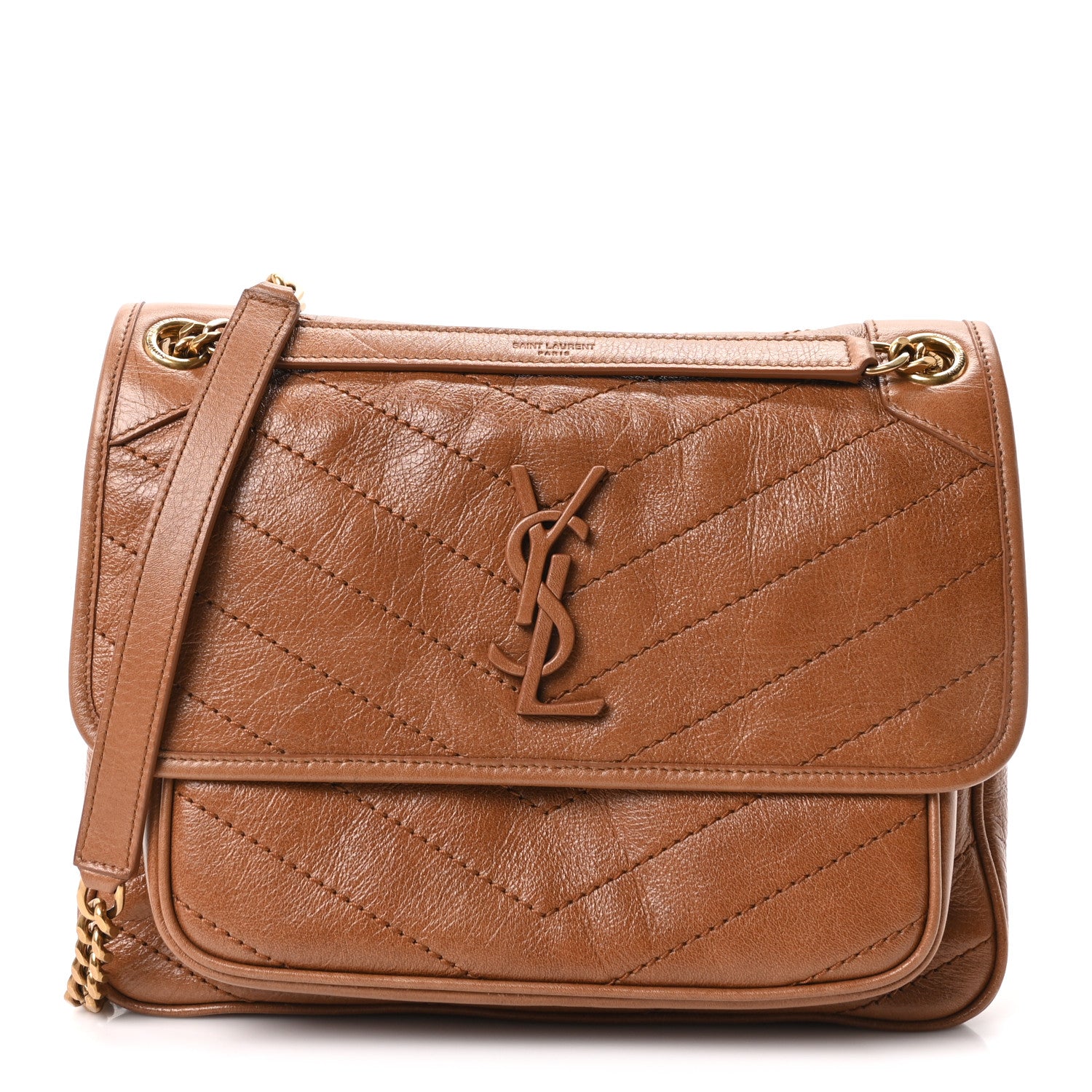 Saint Laurent Crinkled Calfskin Matelasse Monogram Medium Niki Chain Satchel Caramel 1 of 11