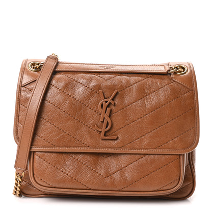 Saint Laurent Crinkled Calfskin Matelasse Monogram Medium Niki Chain Satchel Caramel 1 of 11
