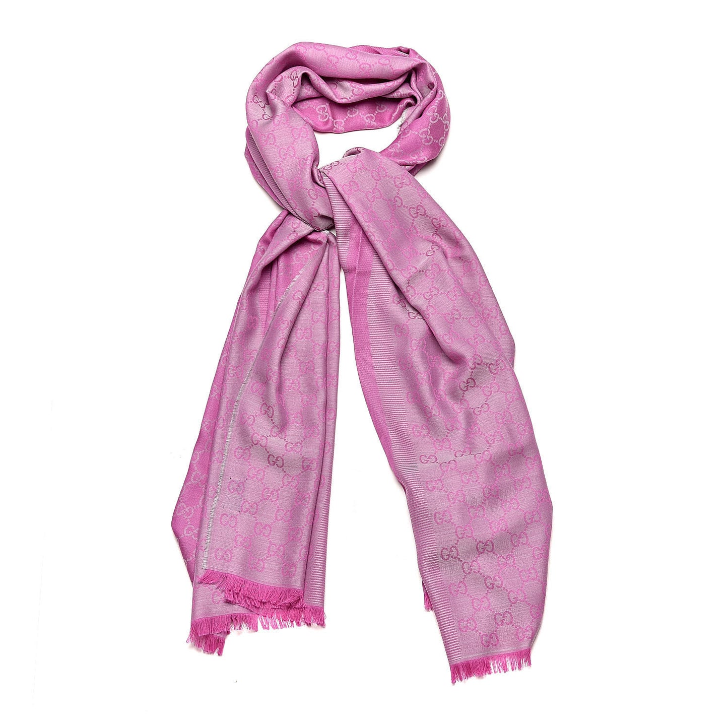 Wool Silk GG Monogram GGWeblong Fringe Scarf Shawl Zinc Pink