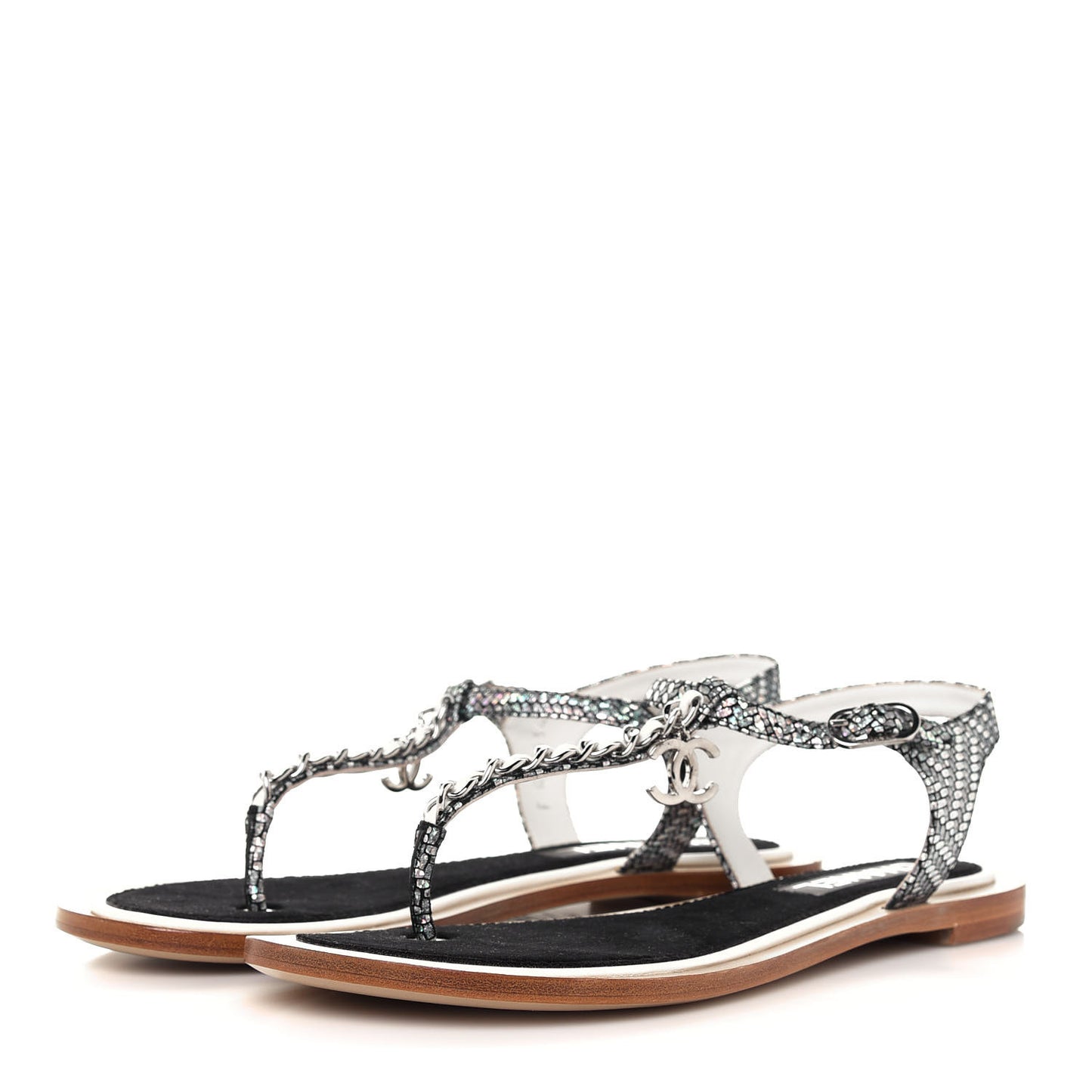 Goatskin Velvet Fantasy CC Chain Thong Sandals 38.5 Silver Ivory