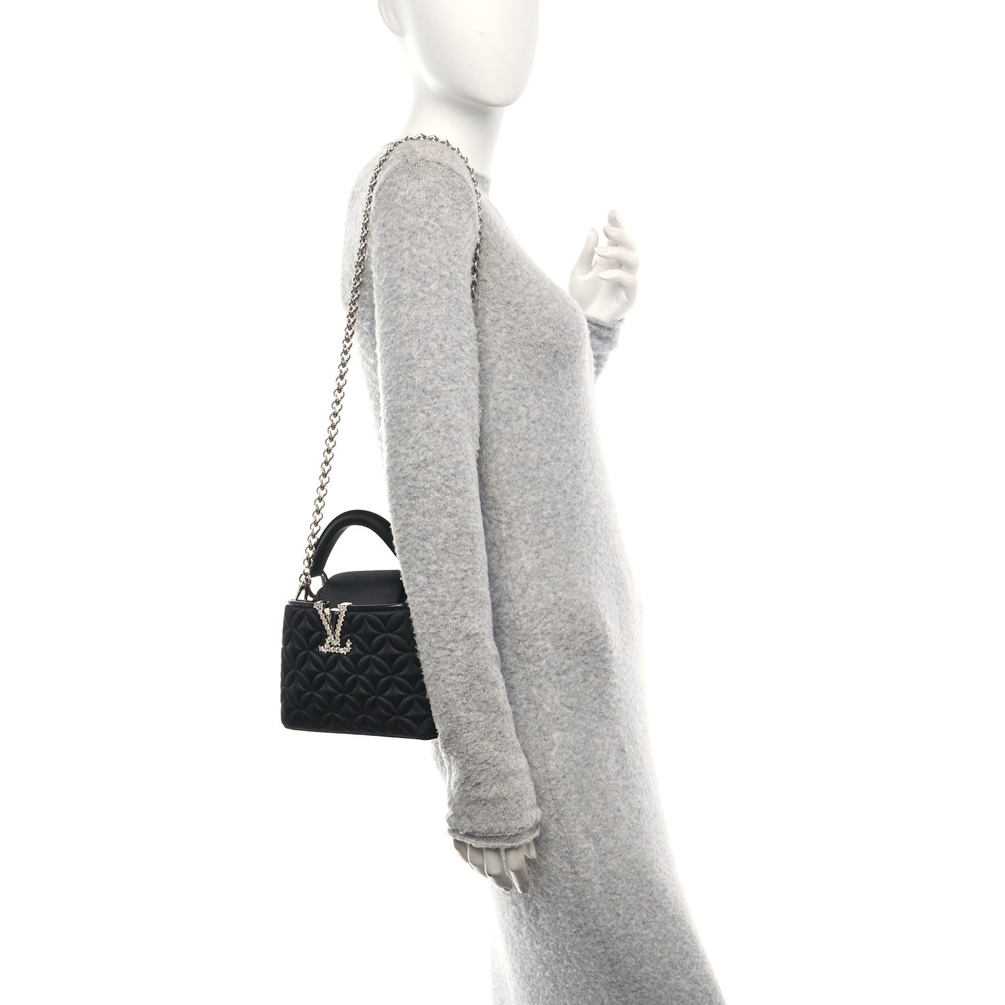 Satin Quilted Flower Crystal Mini Capucines Black