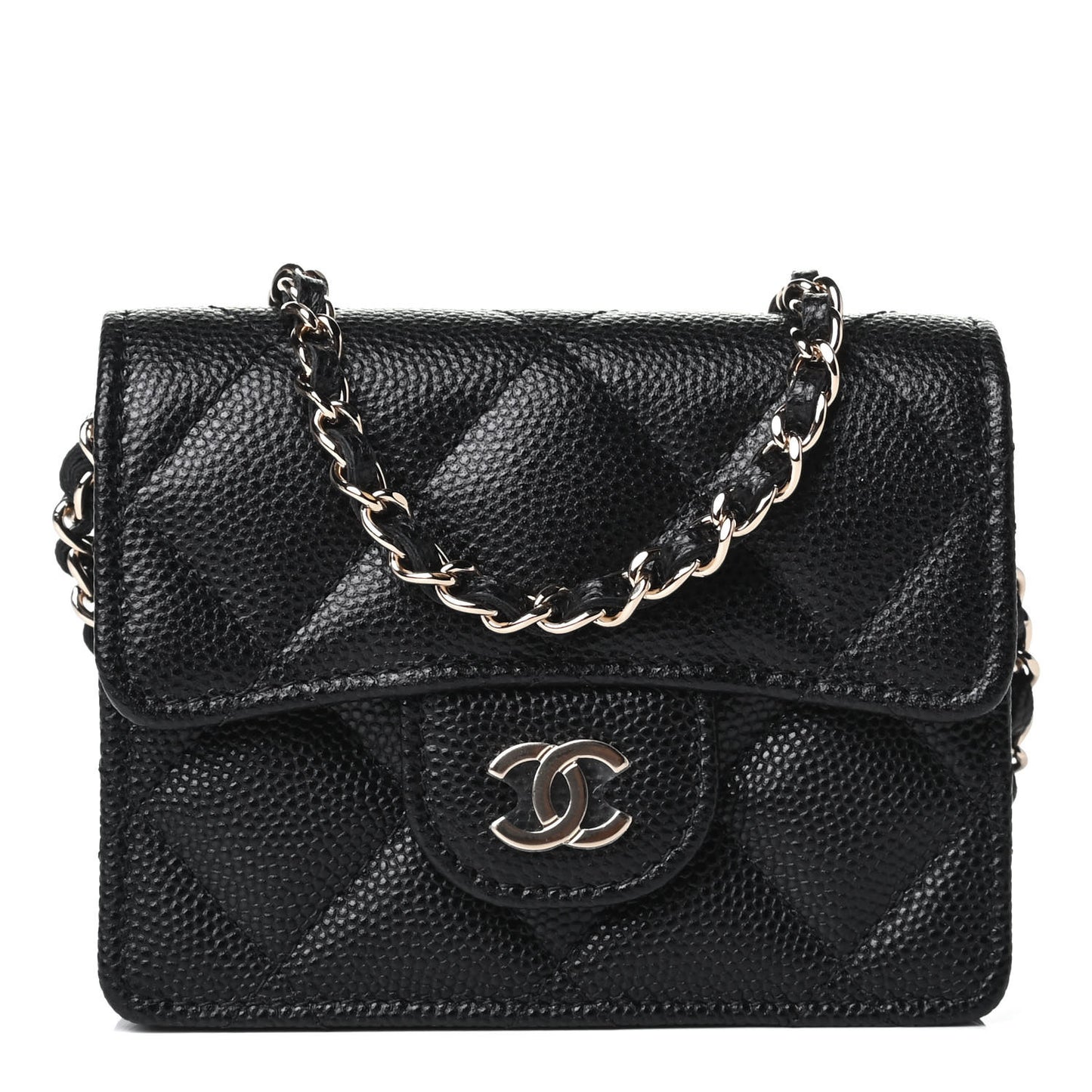 Caviar Quilted Flap Card Holder On Chain Black